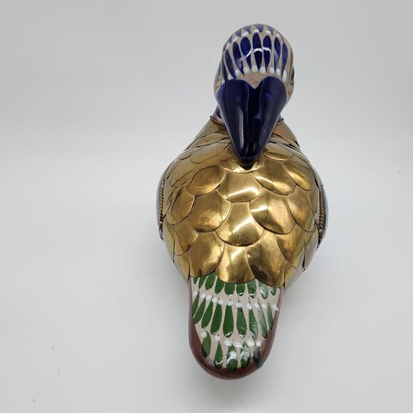 Mexican Tonala Pottery & Brass Duck Figurine Set Of 3 Gold & Blue Mom Ducklings - Picture 10 of 11